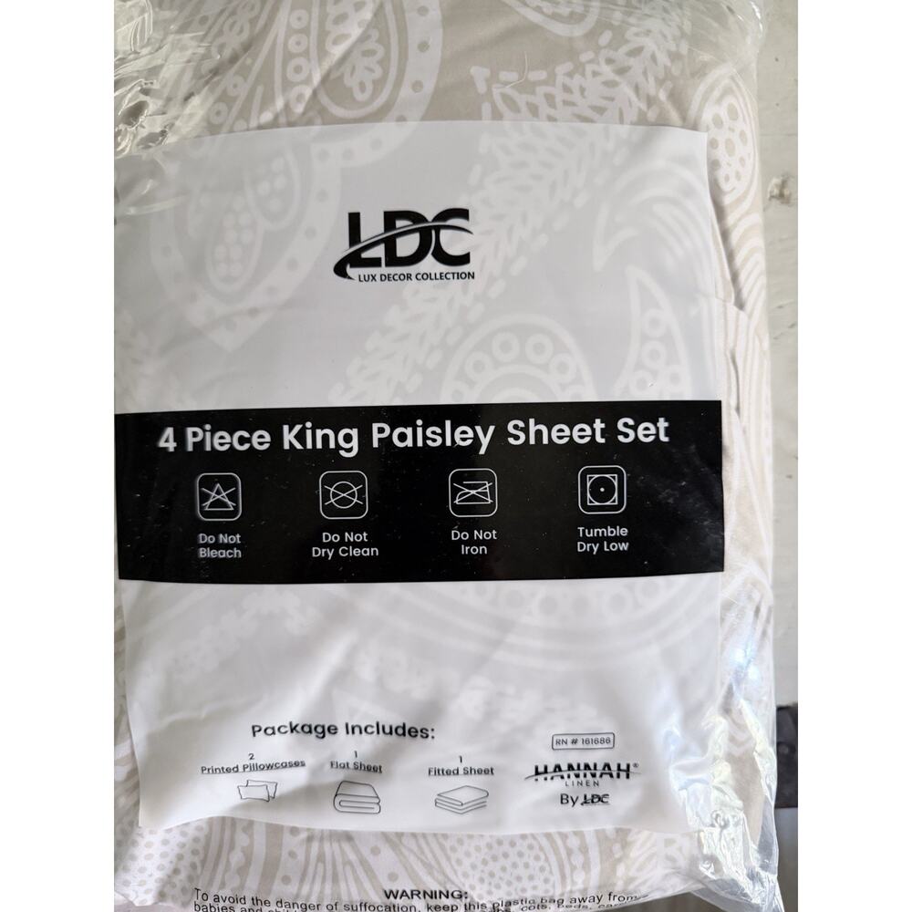 Lux Decor Collection Polyester Bed Sheet Set Paisley In Ivory King NWT 4pc